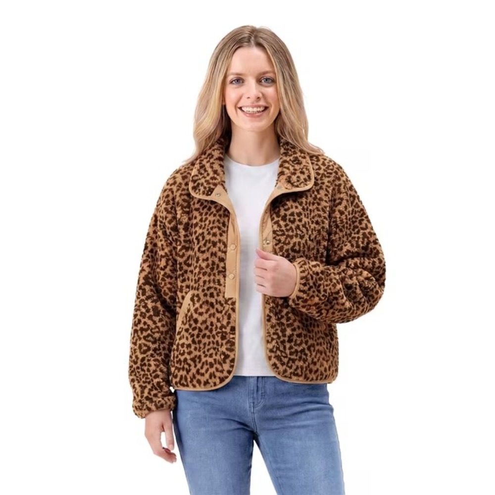 Member's Mark Womens Shacket XL Brown Leopard Animal Print Sherpa Fleece Jacket